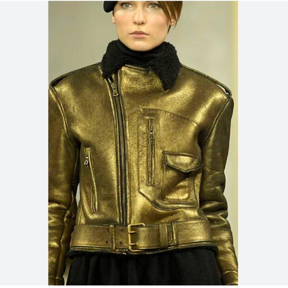 Ralph Lauren Purple Label Fall 2007 Shearling Metallic Gold Motorcycle Jacket